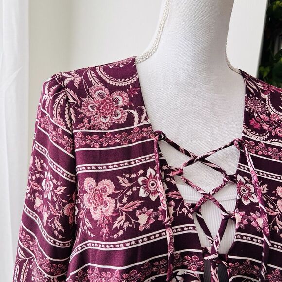 Show Me Your MuMu Burgundy Red Floral Soft Flowy Boho Tunic Dress Blouse Size XS - Picture 2 of 8